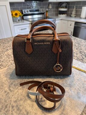 Michael Kors Bedford Brown MK Monogram Dome Satchel with Tan Trim